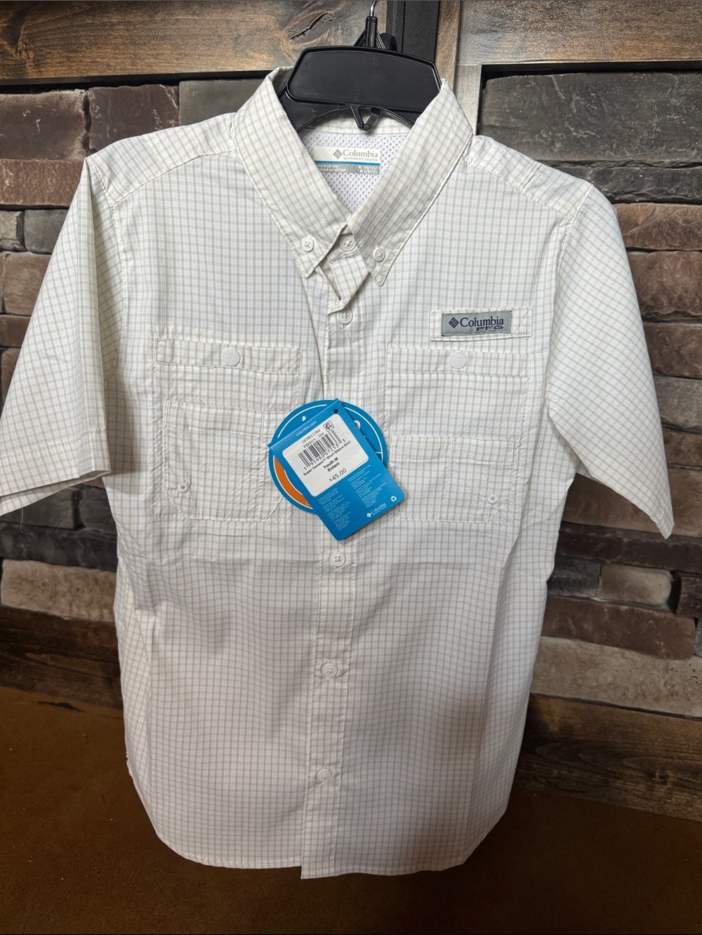 Columbia White Short-Sleeve PFG Button-Down Shirt with Light Windowpane NWT